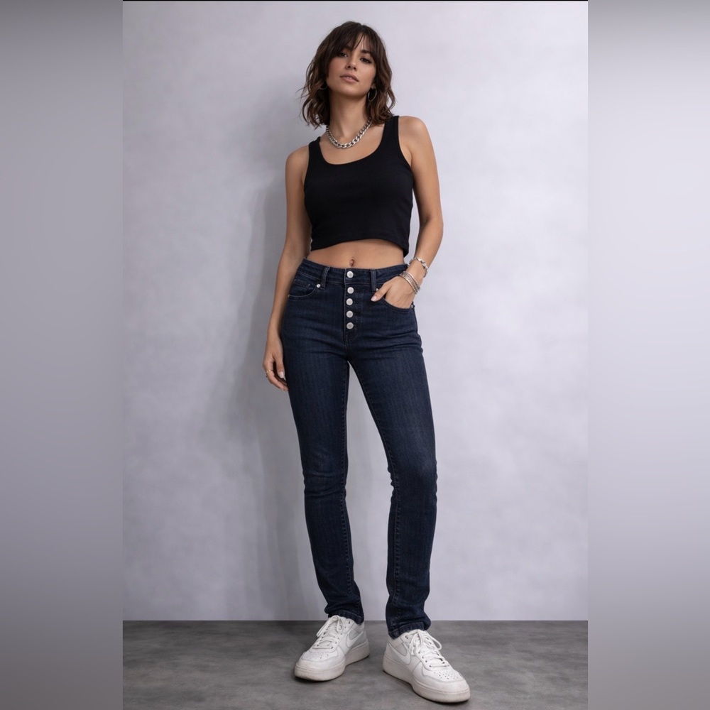 Almost Famous High Rise Button Fly Jeans 28” Waist Dark Wash Skinny Women’s 28